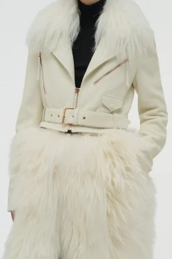 Brymwylf Convertible Coat in White Textured Leather & Cashmere Shearling