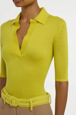 Caius Knit Short Sleeve Polo in Citrine Cashmere Silk