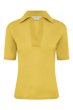 Caius Knit Short Sleeve Polo in Citrine Cashmere Silk