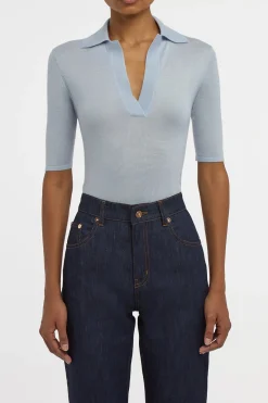 Caius Knit Short Sleeve Polo in Halogen Blue Cashmere Silk