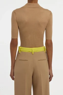 Caius Knit Short Sleeve Polo in Camel Cashmere Silk