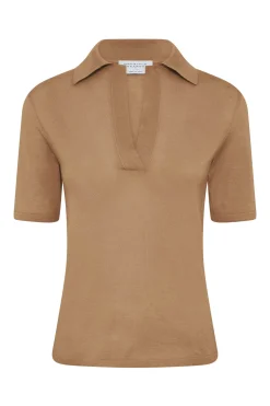 Caius Knit Short Sleeve Polo in Camel Cashmere Silk