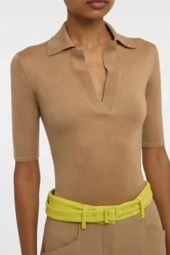 Caius Knit Short Sleeve Polo in Camel Cashmere Silk