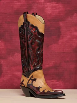 Capitana Cowboy Boot in Light Brown & Red Pearlized Leather