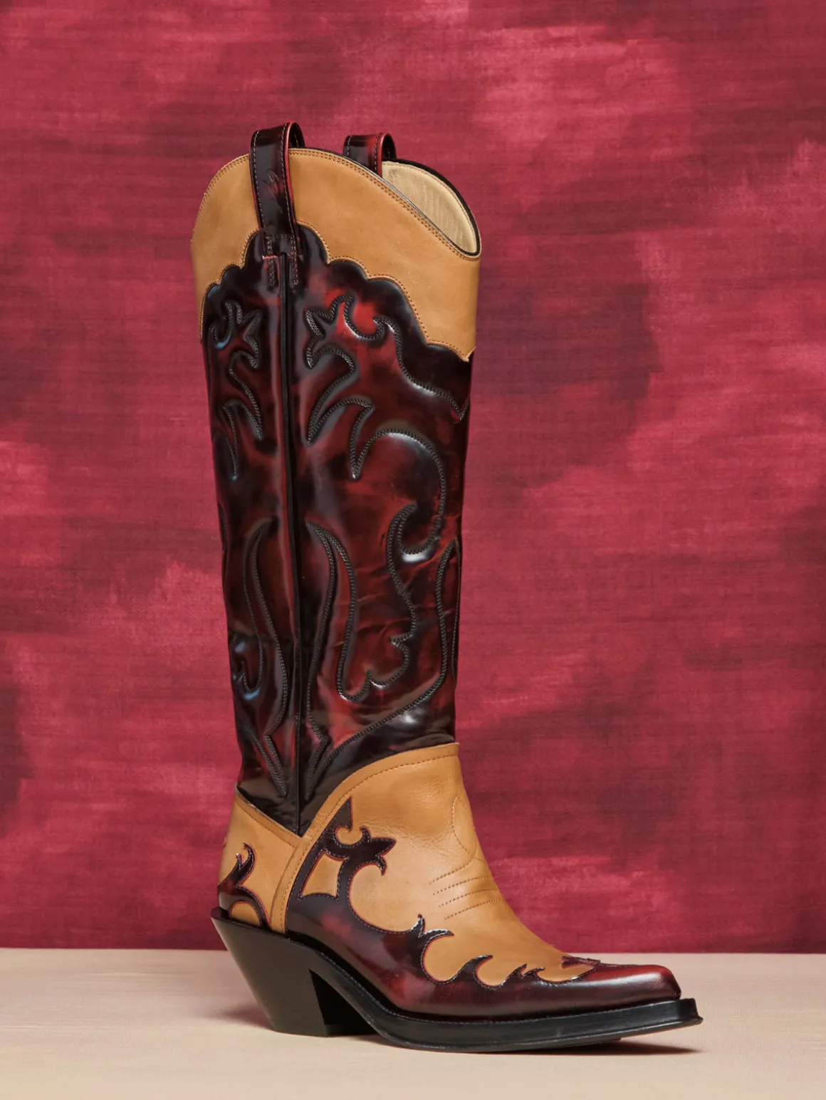 Capitana Cowboy Boot in Light Brown & Red Pearlized Leather