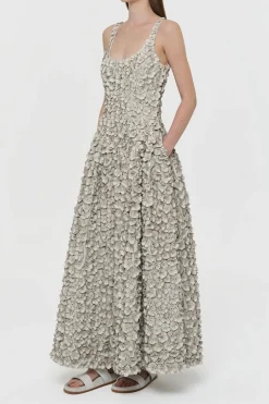 Ceolan Embroidered Floral Maxi Dress in White Leather