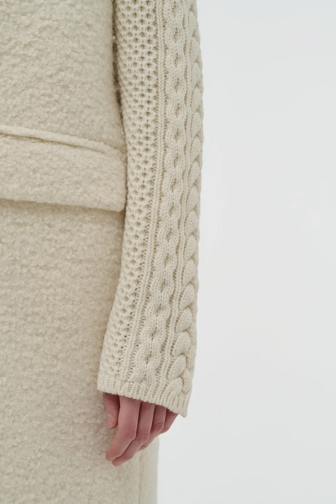 Charles Coat in Ivory Recycled Cashmere Boucle with Cable-knit Sleeves