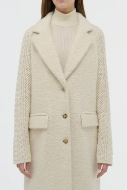 Charles Coat in Ivory Recycled Cashmere Boucle with Cable-knit Sleeves