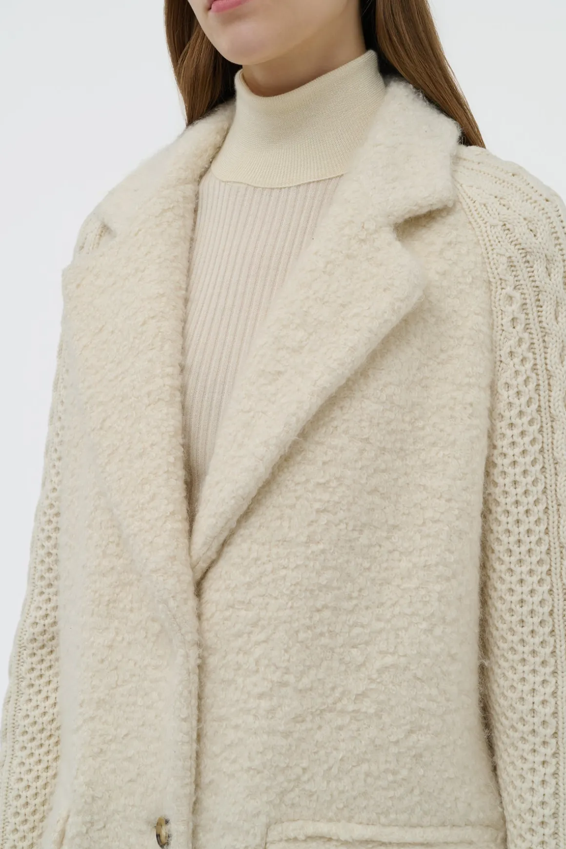 Charles Coat in Ivory Recycled Cashmere Boucle with Cable-knit Sleeves