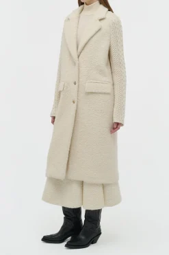 Charles Coat in Ivory Recycled Cashmere Boucle with Cable-knit Sleeves