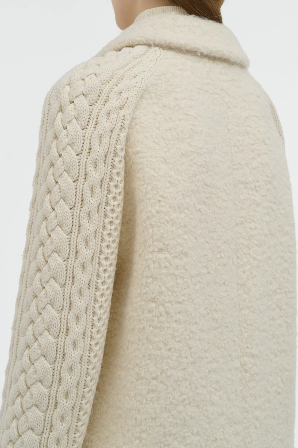 Charles Coat in Ivory Recycled Cashmere Boucle with Cable-knit Sleeves