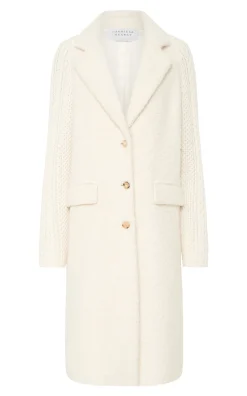 Charles Coat in Ivory Recycled Cashmere Boucle with Cable-knit Sleeves