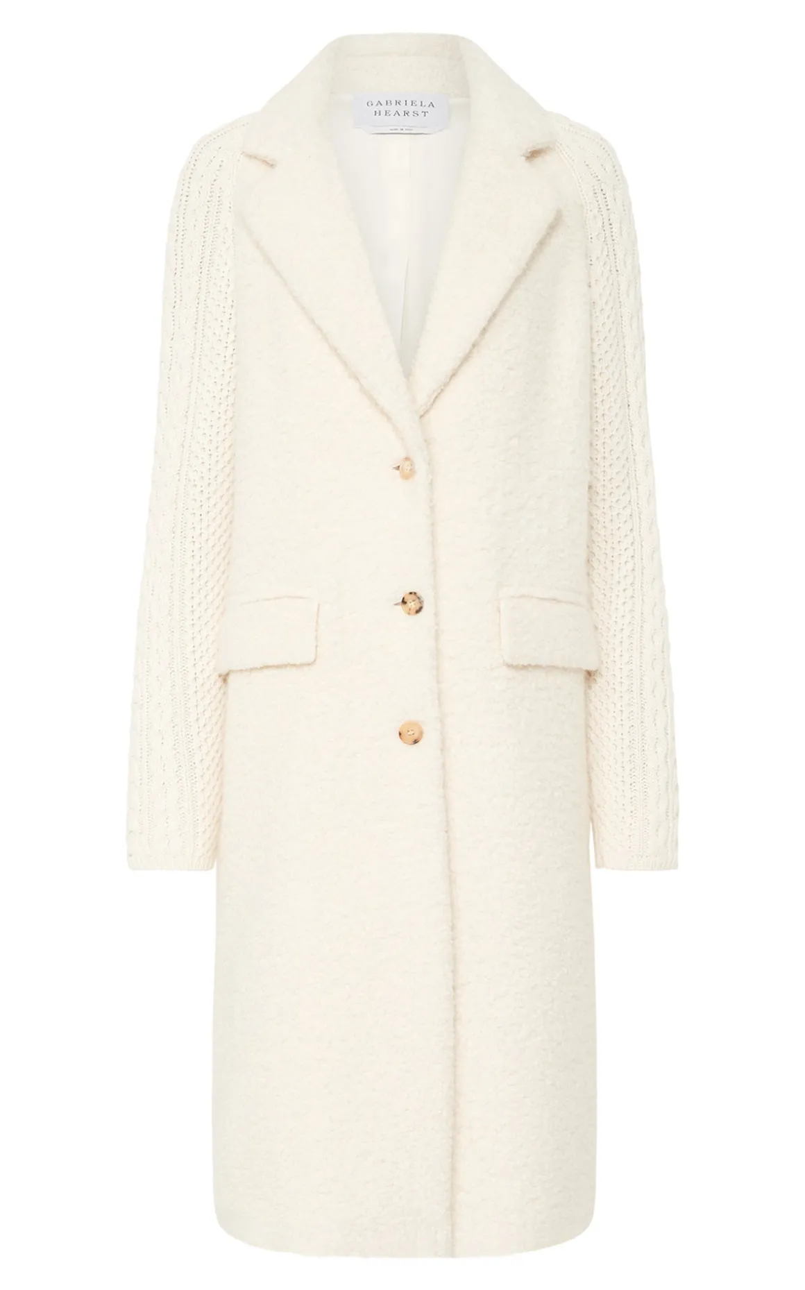 Charles Coat in Ivory Recycled Cashmere Boucle with Cable-knit Sleeves