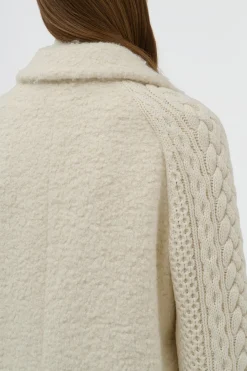 Charles Coat in Ivory Recycled Cashmere Boucle with Cable-knit Sleeves