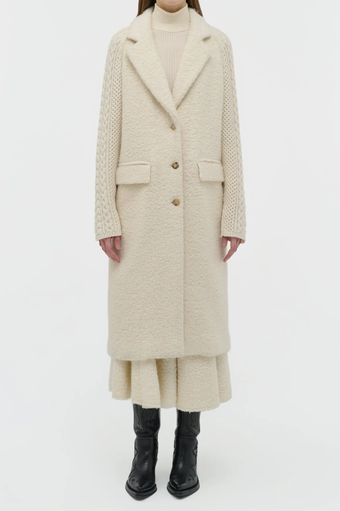 Charles Coat in Ivory Recycled Cashmere Boucle with Cable-knit Sleeves