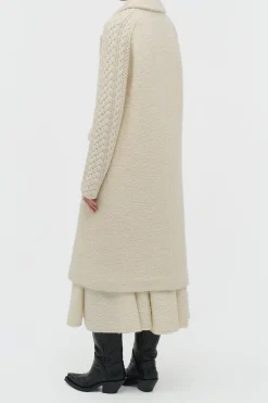 Charles Coat in Ivory Recycled Cashmere Boucle with Cable-knit Sleeves