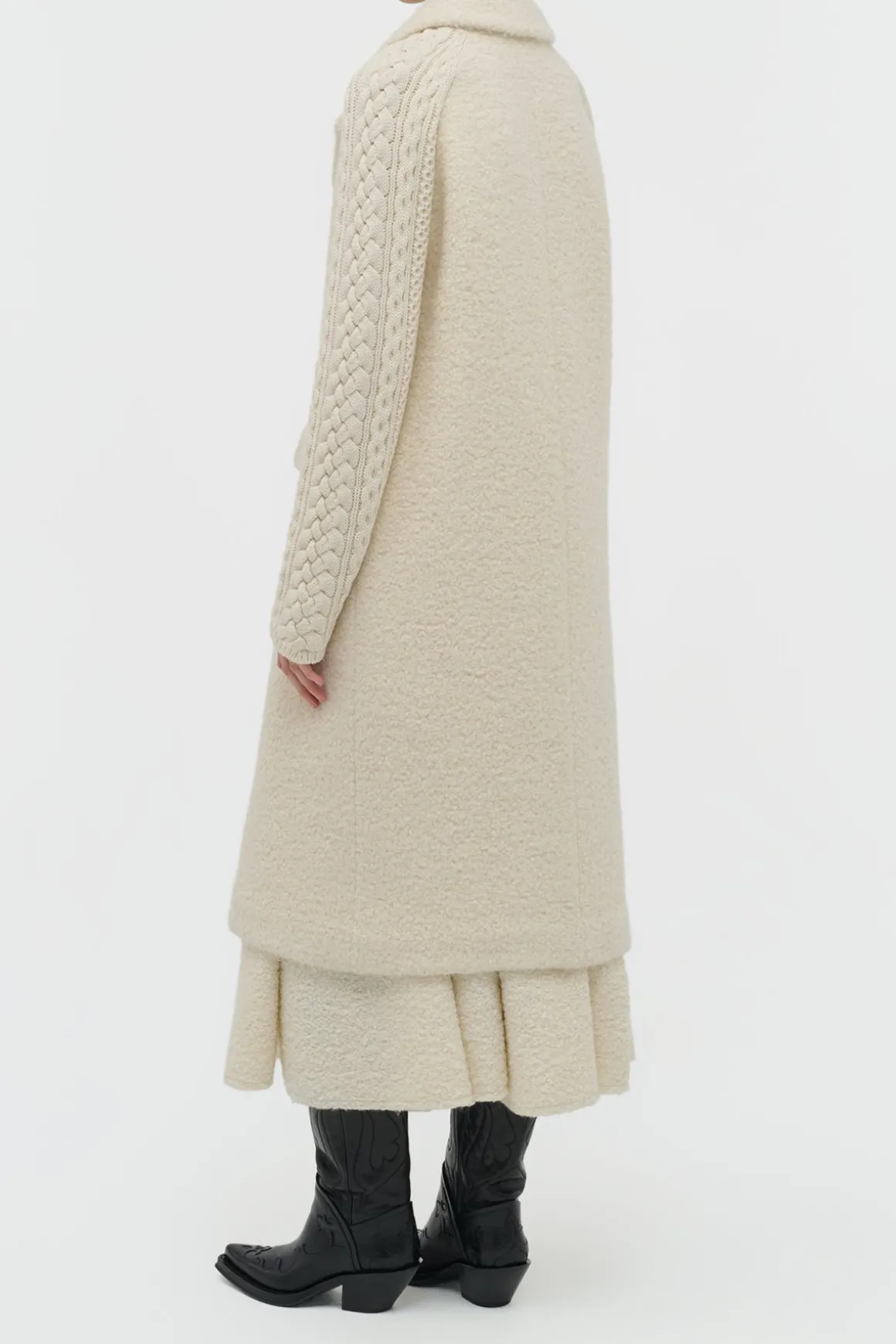 Charles Coat in Ivory Recycled Cashmere Boucle with Cable-knit Sleeves