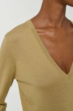 Clementia Knit V-Neck Sweater in Hay Cashmere Silk