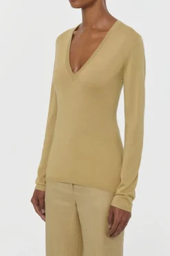 Clementia Knit V-Neck Sweater in Hay Cashmere Silk