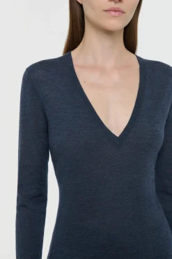 Clementia Knit V-Neck Sweater in Denim Cashmere Silk