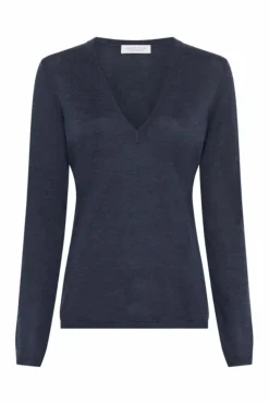Clementia Knit V-Neck Sweater in Denim Cashmere Silk