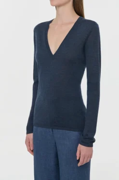 Clementia Knit V-Neck Sweater in Denim Cashmere Silk