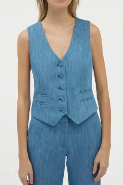 Coleridge Vest in Medium Blue Recycled Cotton Linen Denim