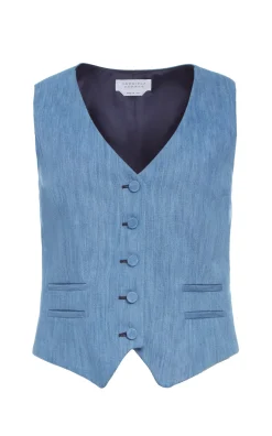 Coleridge Vest in Medium Blue Recycled Cotton Linen Denim