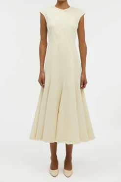 Crowther Midi Dress in Ivory Virgin Wool Silk Slub
