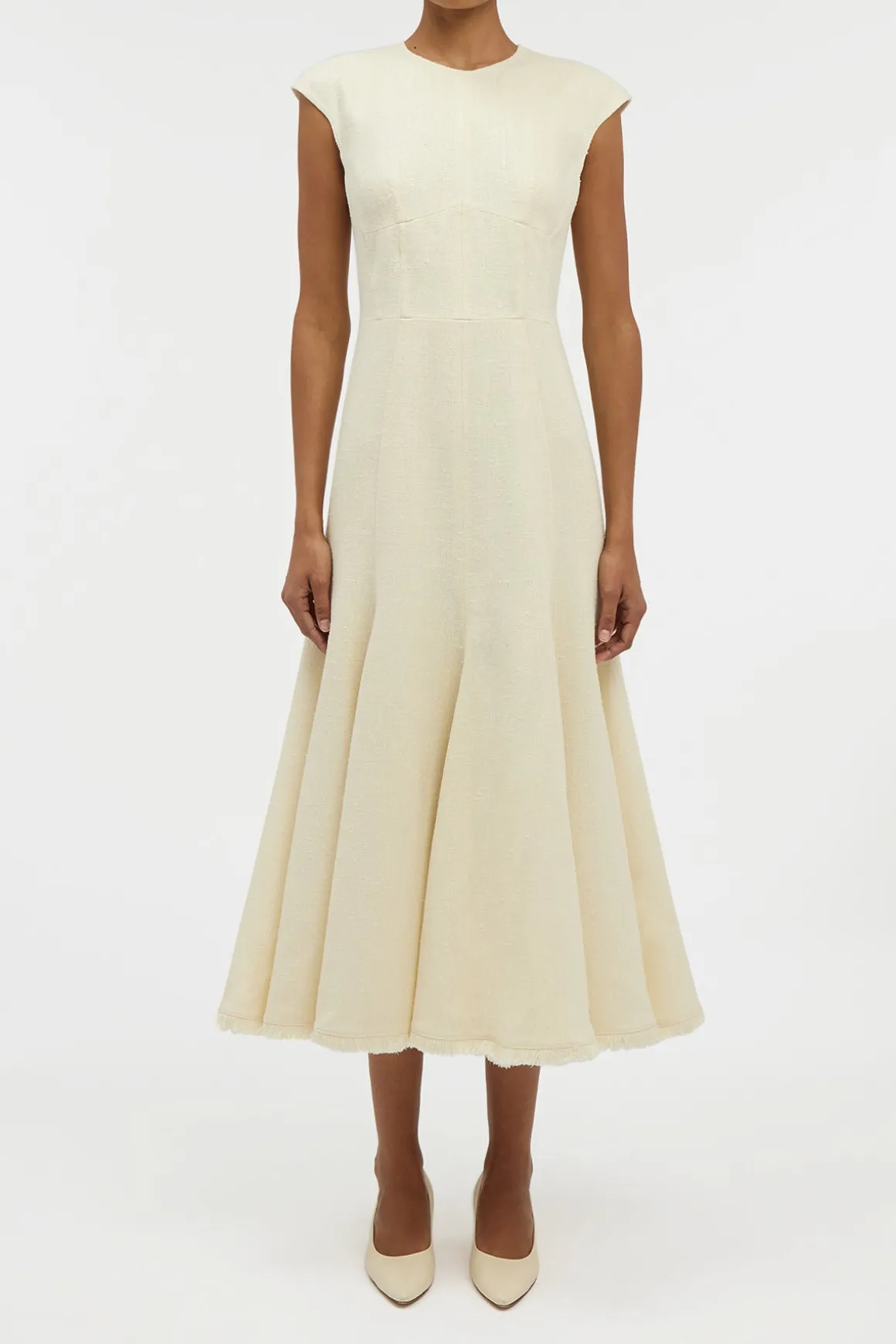 Crowther Midi Dress in Ivory Virgin Wool Silk Slub