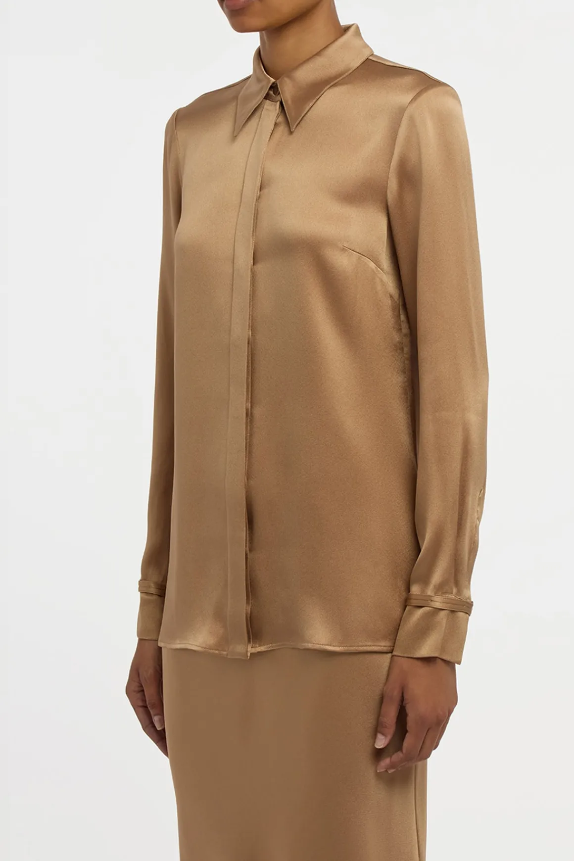 Cruz Shirt in Camel Silk Satin