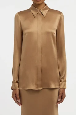 Cruz Shirt in Camel Silk Satin