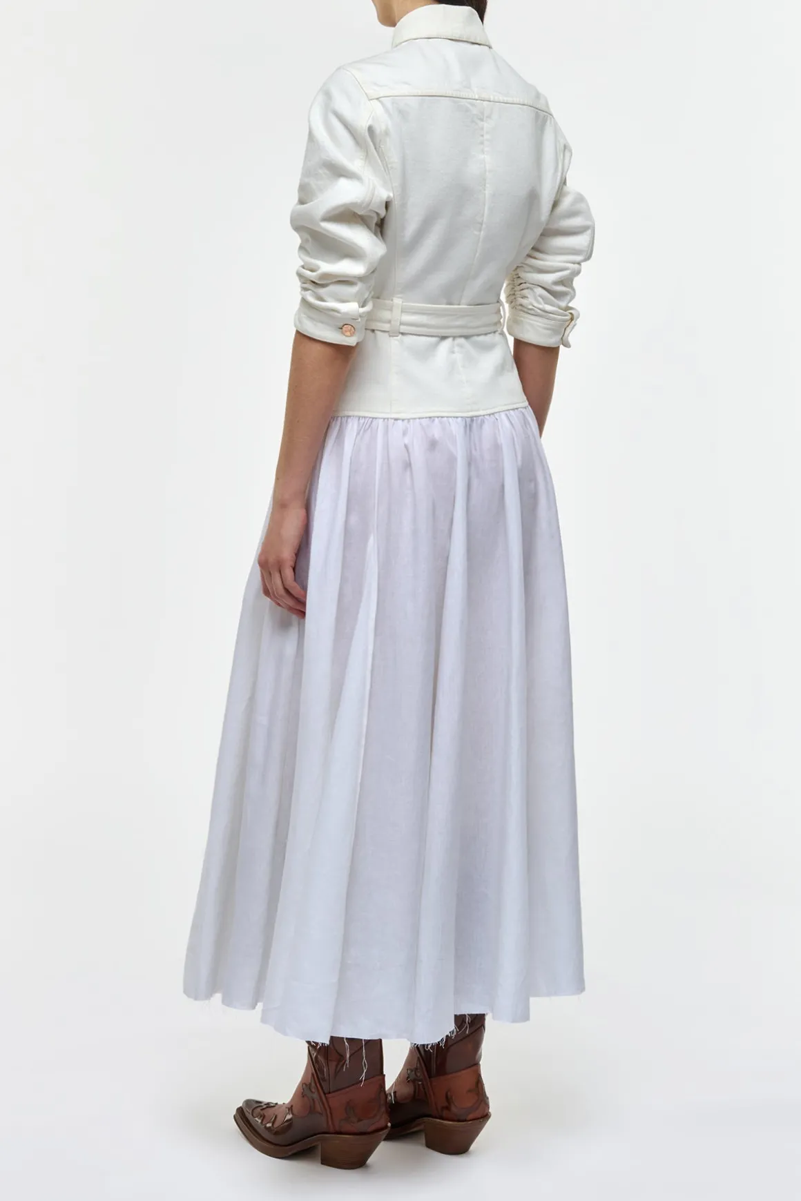 Delyth Shirtdress in White Recycled Cotton Denim & Linen