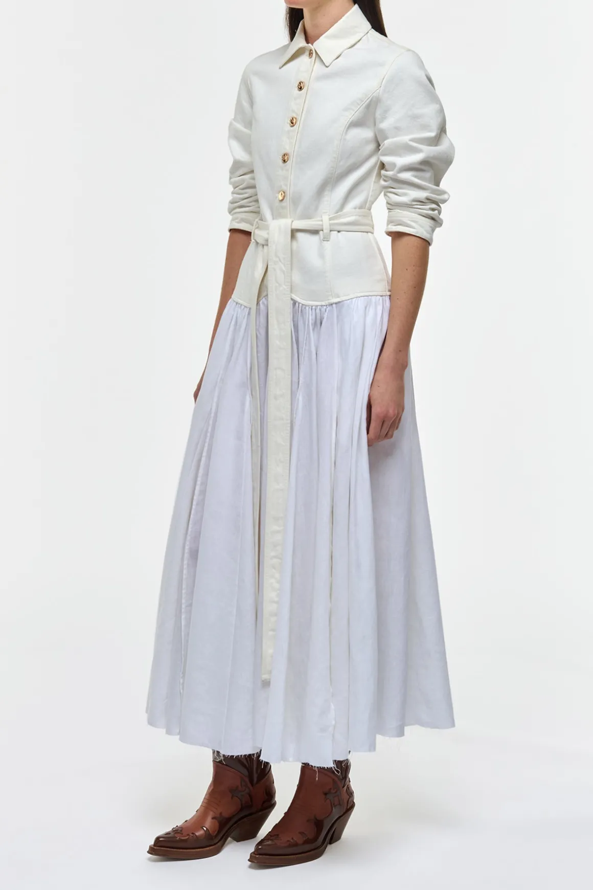 Delyth Shirtdress in White Recycled Cotton Denim & Linen