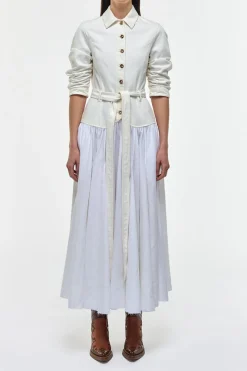 Delyth Shirtdress in White Recycled Cotton Denim & Linen