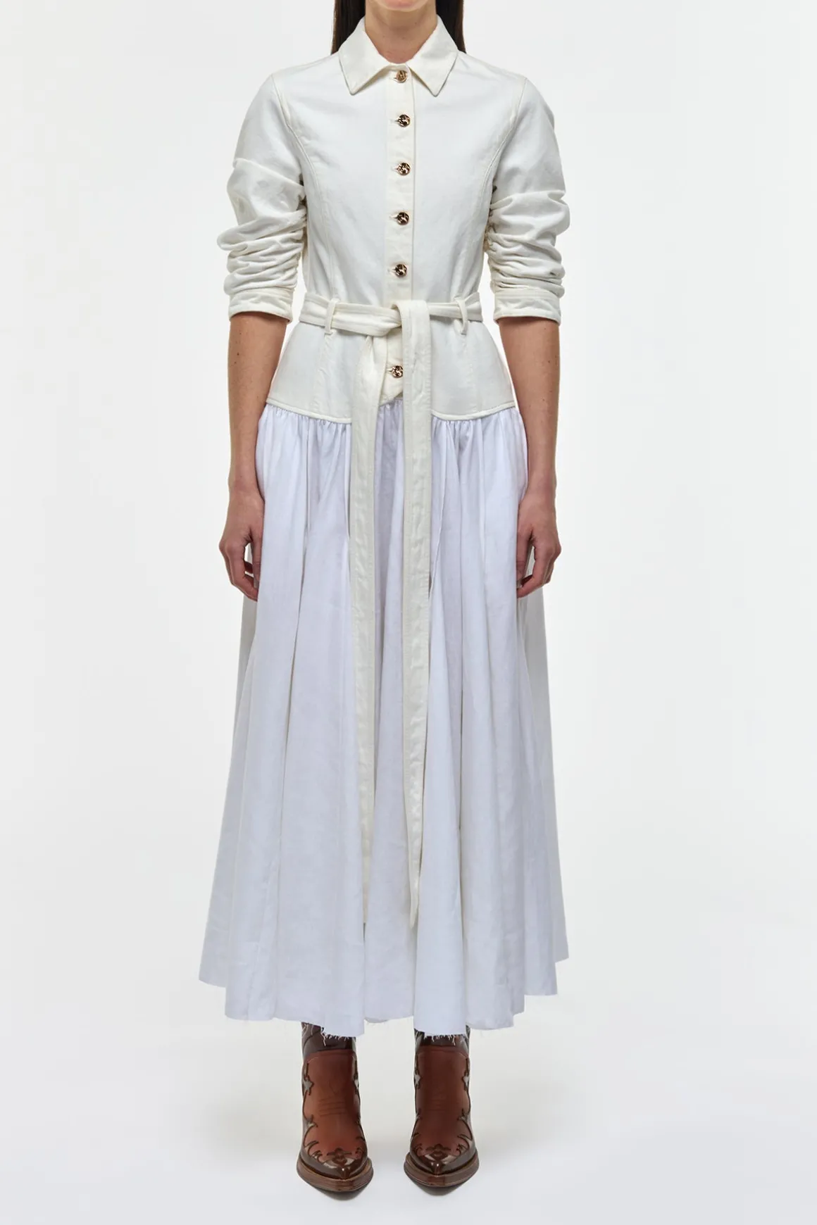 Delyth Shirtdress in White Recycled Cotton Denim & Linen