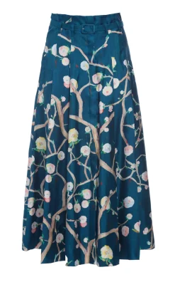 Dugald Pleated Midi Skirt in Blue Multi Printed Silk Twill