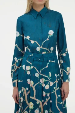 Dugald Pleated Midi Skirt in Blue Multi Printed Silk Twill