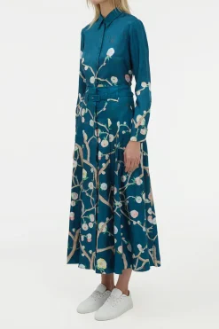 Dugald Pleated Midi Skirt in Blue Multi Printed Silk Twill