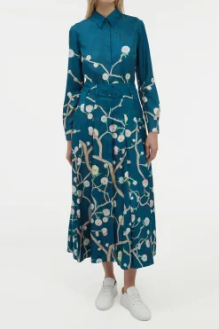 Dugald Pleated Midi Skirt in Blue Multi Printed Silk Twill
