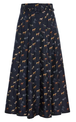 Dugald Pleated Midi Skirt in Dark Navy Multi Printed Silk Twill
