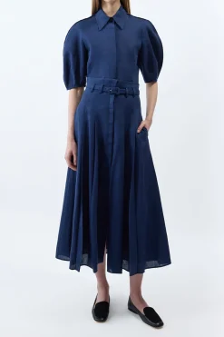 Dugald Pleated Midi Skirt in Electric Navy Aloe Linen