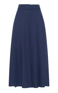Dugald Pleated Midi Skirt in Electric Navy Aloe Linen