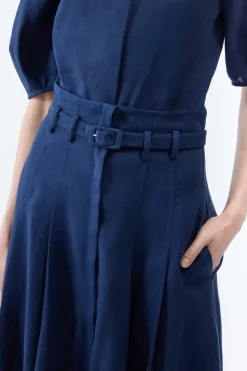 Dugald Pleated Midi Skirt in Electric Navy Aloe Linen