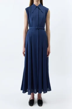Durand Pleated Maxi Shirtdress in Electric Navy Aloe Linen