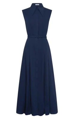 Durand Pleated Maxi Shirtdress in Electric Navy Aloe Linen