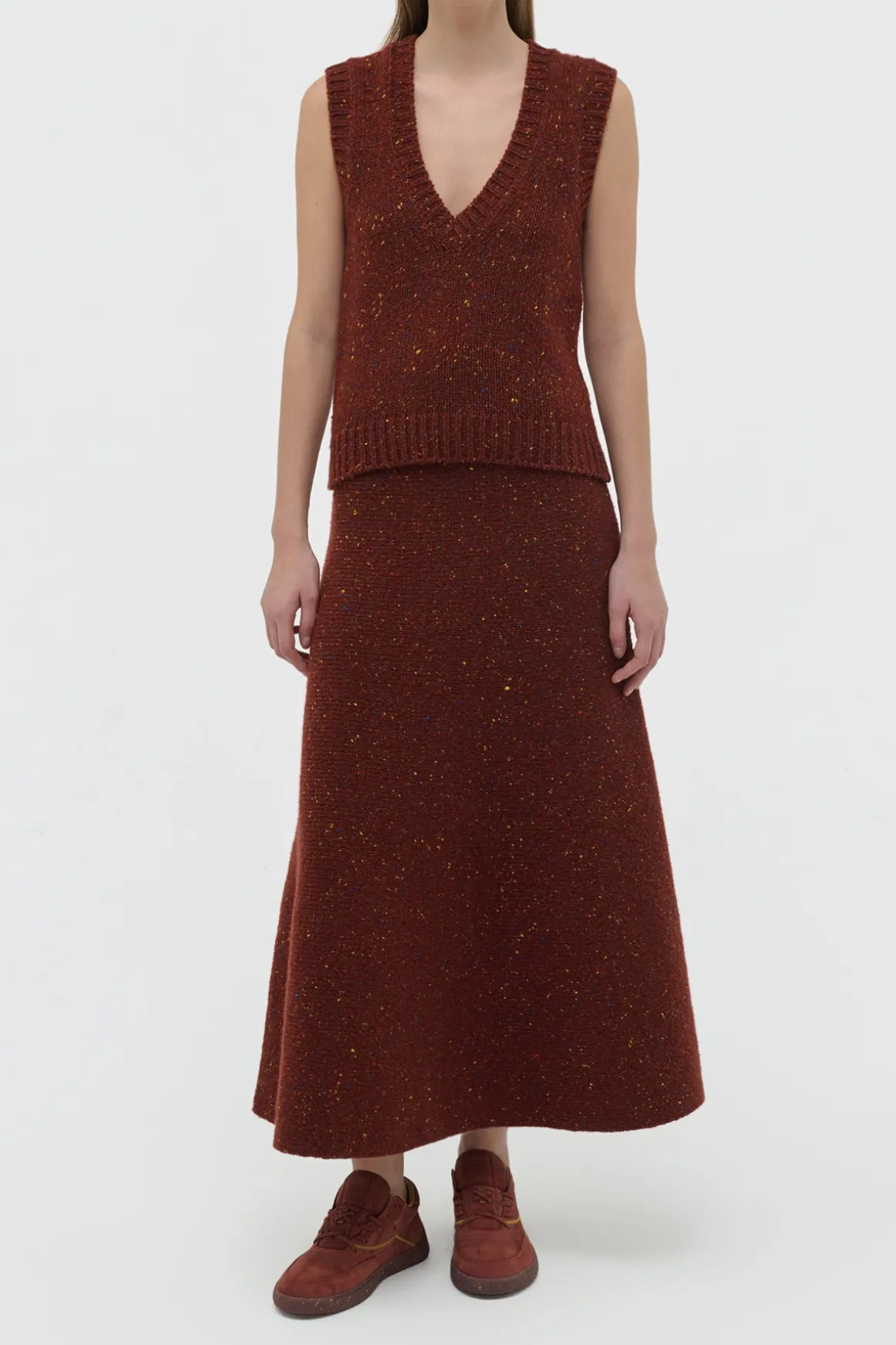Eden Knit Midi Skirt in Burnt Sienna Multi Speckled Aran Cashmere