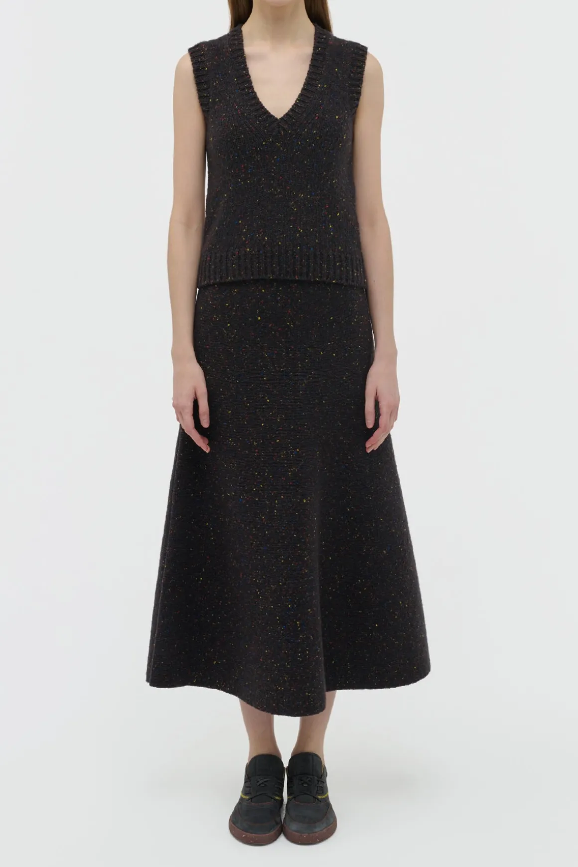 Eden Knit Midi Skirt in Charcoal Multi Speckled Aran Cashmere