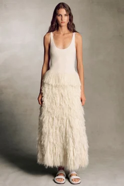 Elianor Fringe Knit Maxi Dress in Off White Silk Cashmere