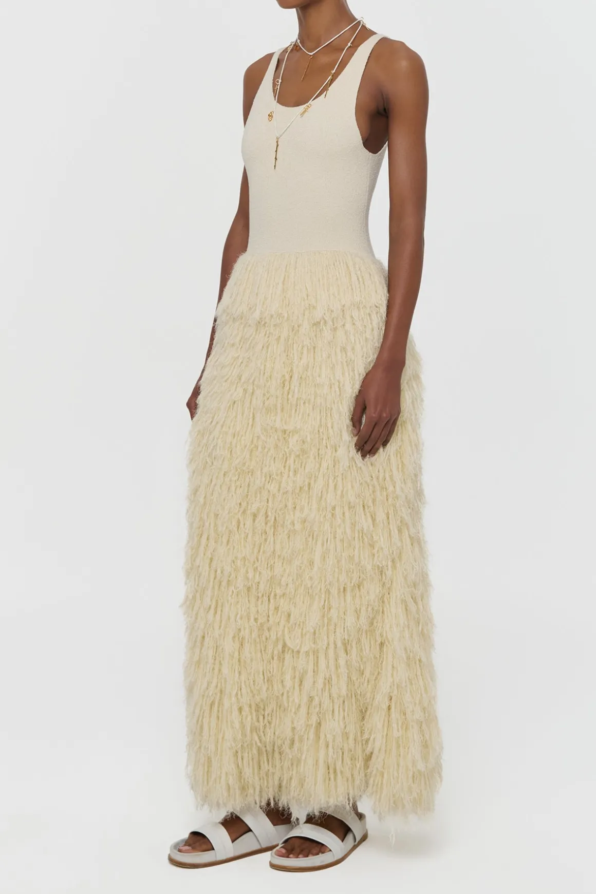 Elianor Fringe Knit Maxi Dress in Off White Silk Cashmere